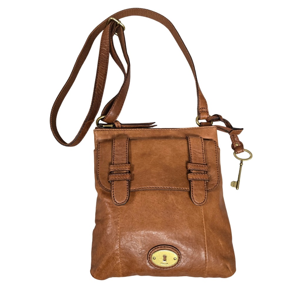 Fossil Carson Leather Crossbody Bag Messenger Purse with Key Charm Brown